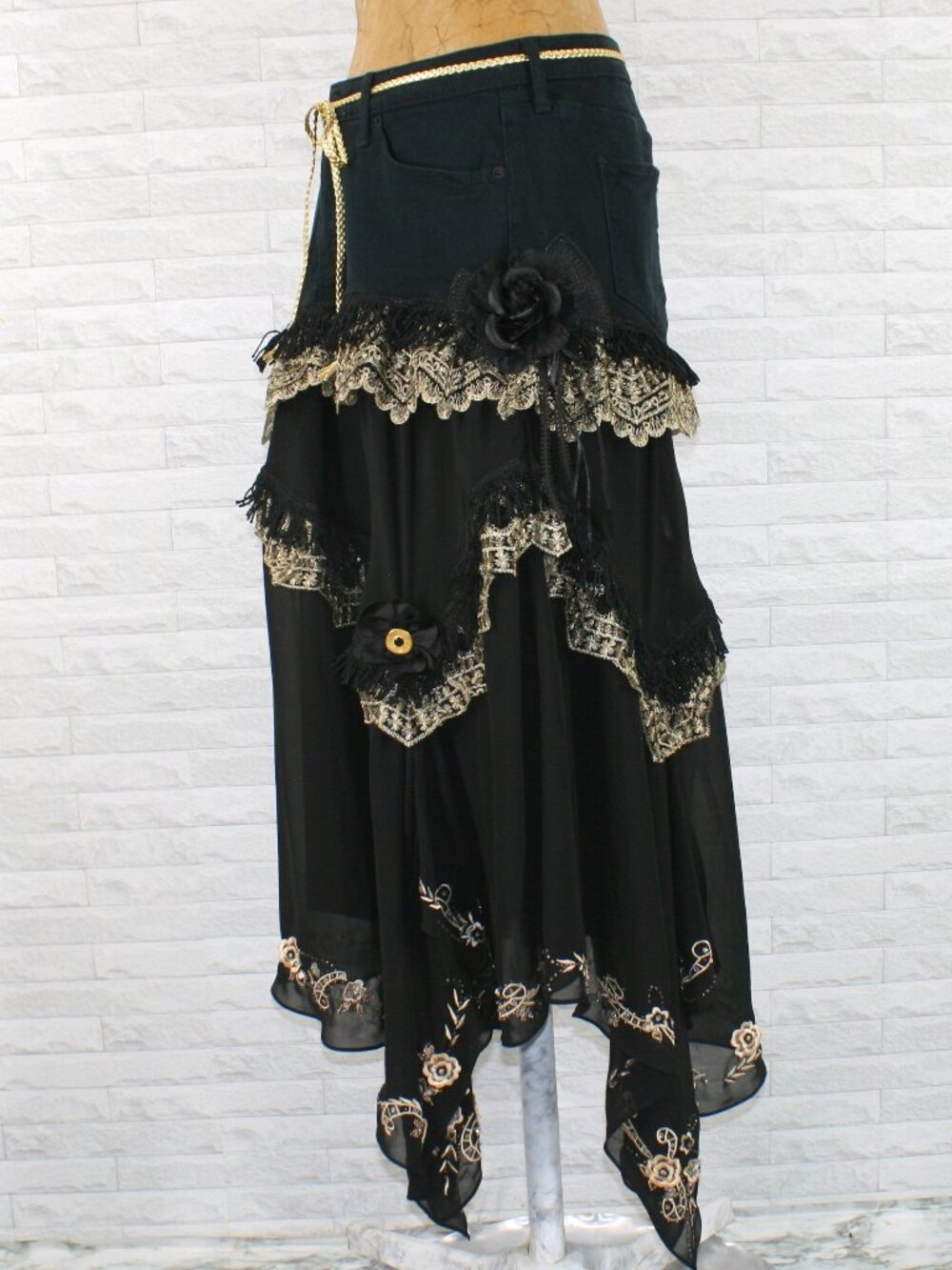 HAND CRAFTED Skirt Denim Maxi Upcycled Lace Floral Fringe Black Gold  12 - Picture 7 of 16